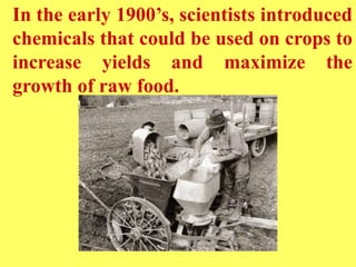 In the early 1900’s, scientists introduced
chemicals that could be used on crops to
increase yields and maximize the
growth of raw food.
 