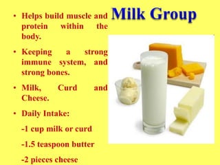 • Helps build muscle and
protein within the
body.
• Keeping a strong
immune system, and
strong bones.
• Milk, Curd and
Cheese.
• Daily Intake:
-1 cup milk or curd
-1.5 teaspoon butter
-2 pieces cheese
 