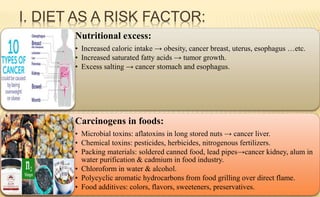 I. DIET AS A RISK FACTOR:
Nutritional excess:
• Increased caloric intake → obesity, cancer breast, uterus, esophagus …etc.
• Increased saturated fatty acids → tumor growth.
• Excess salting → cancer stomach and esophagus.
Carcinogens in foods:
• Microbial toxins: aflatoxins in long stored nuts → cancer liver.
• Chemical toxins: pesticides, herbicides, nitrogenous fertilizers.
• Packing materials: soldered canned food, lead pipes→cancer kidney, alum in
water purification & cadmium in food industry.
• Chloroform in water & alcohol.
• Polycyclic aromatic hydrocarbons from food grilling over direct flame.
• Food additives: colors, flavors, sweeteners, preservatives.
 