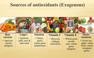 Sources of antioxidants (Exogenous)
Beta-
carotene
• Apricots,
carrots,
mangoes.
Copper
• Seafood,
milk, nuts &
lean meat
Selenium
• Onion,
garlic,
wheat germ,
mushrooms.
Vitamin C
• Broccoli,
cabbage,
strawberry.
Vitamin E
• Whole grain
cereals,
nuts, wheat
germ,
mangoes.
Phyto-
chemicals
• Green tea,
apple, citrus
fruits, onion,
tomatoes,
garlic.
 