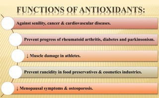 FUNCTIONS OF ANTIOXIDANTS:
Against senility, cancer & cardiovascular diseases.
Prevent progress of rheumatoid arthritis, diabetes and parkinsonism.
↓ Muscle damage in athletes.
Prevent rancidity in food preservatives & cosmetics industries.
↓ Menopausal symptoms & osteoporosis.
 