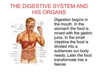 THE DIGESTIVE SYSTEM AND
HIS ORGANS
Digestion begins in
the mouth. In the
stomach the food is
mixed with the gastric
juice. In the small
intestine the food is
divided into a
subtances our body
needs. Later the food
transformate into a
faeces

 