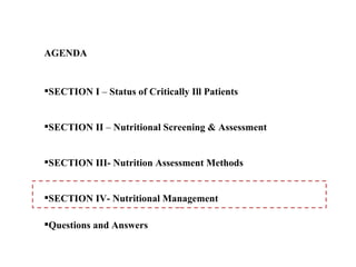 AGENDA


SECTION I – Status of Critically Ill Patients


SECTION II – Nutritional Screening & Assessment


SECTION III- Nutrition Assessment Methods


SECTION IV- Nutritional Management

Questions and Answers
 