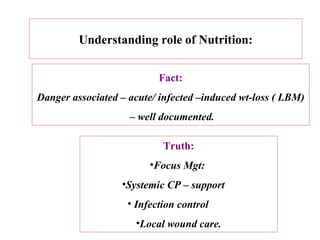 Understanding role of Nutrition:


                          Fact:
Danger associated – acute/ infected –induced wt-loss ( LBM)
                    – well documented.

                           Truth:
                        •Focus Mgt:
                  •Systemic CP – support
                   • Infection control
                     •Local wound care.
 