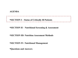 AGENDA


SECTION I – Status of Critically Ill Patients


SECTION II – Nutritional Screening & Assessment


SECTION III- Nutrition Assessment Methods


SECTION IV- Nutritional Management

Questions and Answers
 