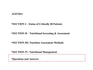 AGENDA


SECTION I – Status of Critically Ill Patients


SECTION II – Nutritional Screening & Assessment


SECTION III- Nutrition Assessment Methods


SECTION IV- Nutritional Management

Questions and Answers
 