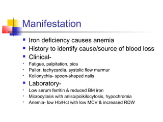 Manifestation
 Iron deficiency causes anemia
 History to identify cause/source of blood loss
 Clinical-
 Fatigue, palpitation, pica
 Pallor, tachycardia, systolic flow murmur
 Koilonychia- spoon-shaped nails
 Laboratory-
 Low serum ferritin & reduced BM iron
 Microcytosis with aniso/poikilocytosis, hypochromia
 Anemia- low Hb/Hct with low MCV & increased RDW
 