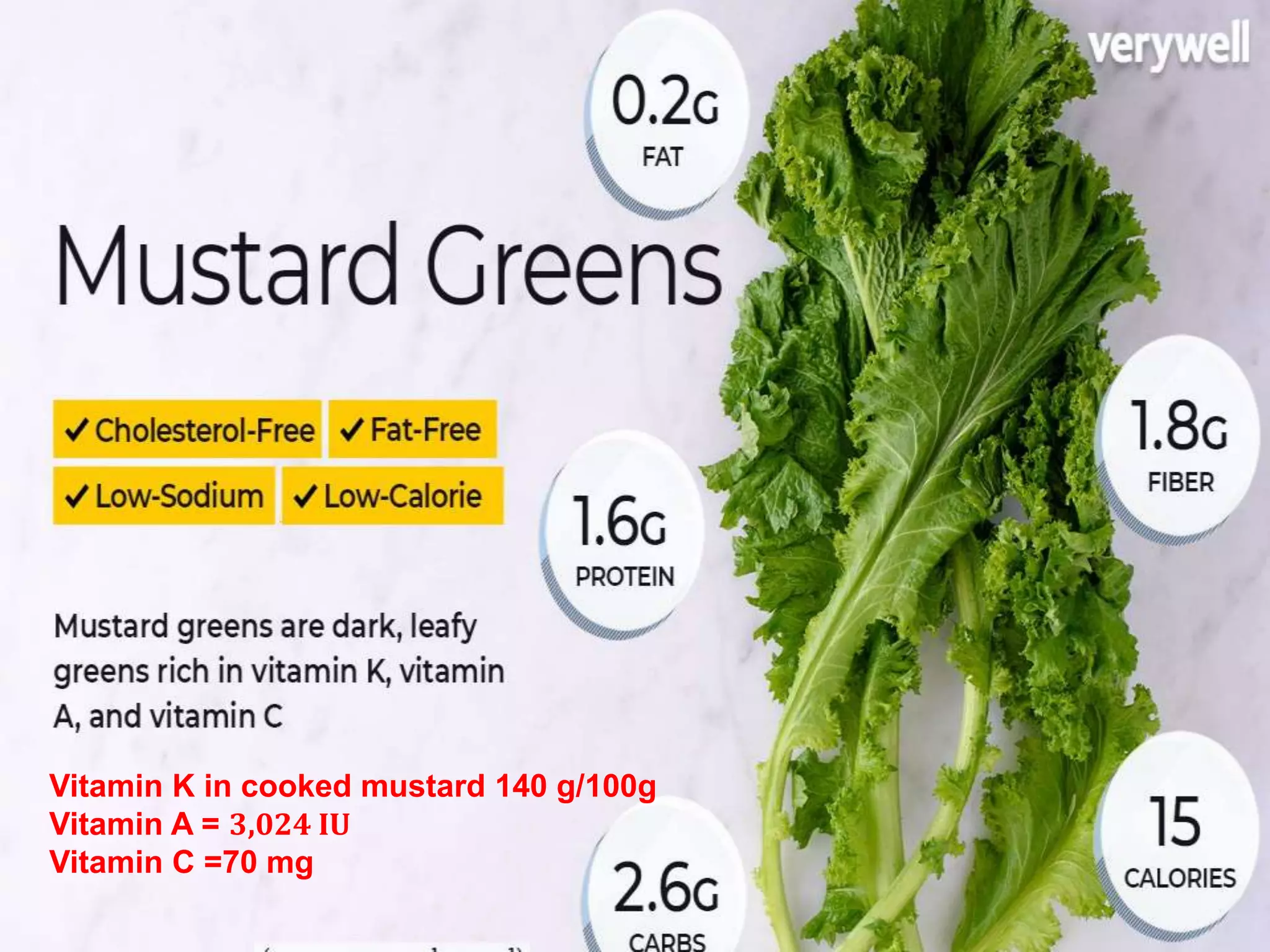 Vitamin K in cooked mustard 140 g/100g
Vitamin A = 3,024 IU
Vitamin C =70 mg
 