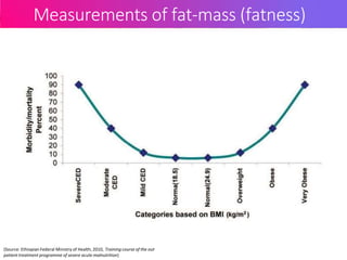 Measurements of fat-mass (fatness)
(Source: Ethiopian Federal Ministry of Health, 2010, Training course of the out
patient treatment programme of severe acute malnutrition)
 