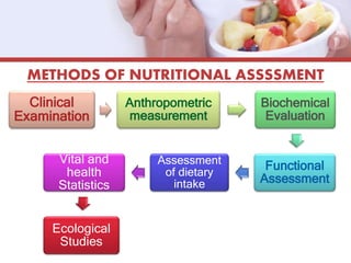 METHODS OF NUTRITIONAL ASSSSMENT
Clinical
Examination
Anthropometric
measurement
Biochemical
Evaluation
Functional
Assessment
Assessment
of dietary
intake
Vital and
health
Statistics
Ecological
Studies
 