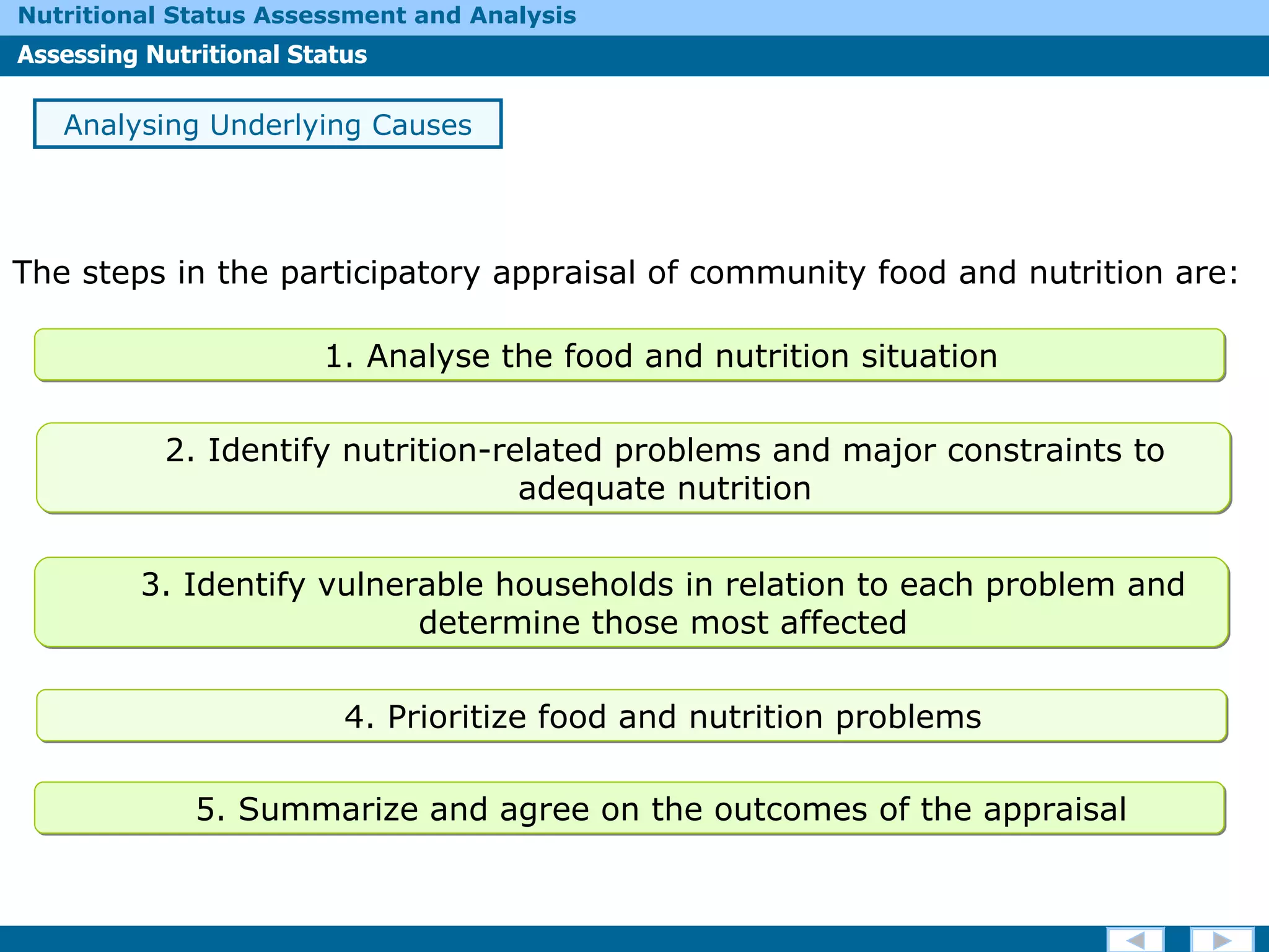 The steps in the participatory appraisal of community food and nutrition are:  Analysing Underlying Causes 1. Analyse the food and nutrition situation 2. Identify nutrition-related problems and major constraints to adequate nutrition 3. Identify vulnerable households in relation to each problem and determine those most affected 4. Prioritize food and nutrition problems 5. Summarize and agree on the outcomes of the appraisal 