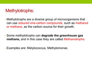 Methylotrophs:
• Methylotrophs are a diverse group of microorganisms that
can use reduced one-carbon compounds, such as methanol
or methane, as the carbon source for their growth.
• Some methylotrophs can degrade the greenhouse gas
methane, and in this case they are called Methanotrophs.
• Examples are: Metylococcus, Methylomonas.
 