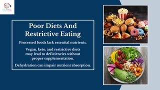 Poor Diets And
Restrictive Eating
Processed foods lack essential nutrients.
Vegan, keto, and restrictive diets
may lead to deficiencies without
proper supplementation.
Dehydration can impair nutrient absorption.
 
