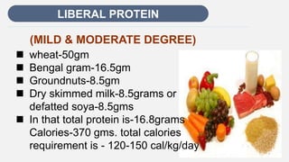 Enter title
LIBERAL PROTEIN
(MILD & MODERATE DEGREE)
 wheat-50gm
 Bengal gram-16.5gm
 Groundnuts-8.5gm
 Dry skimmed milk-8.5grams or
defatted soya-8.5gms
 In that total protein is-16.8grams
Calories-370 gms. total calories
requirement is - 120-150 cal/kg/day
 