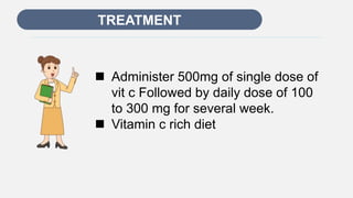 Enter title
TREATMENT
 Administer 500mg of single dose of
vit c Followed by daily dose of 100
to 300 mg for several week.
 Vitamin c rich diet
 