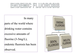 In many
parts of the world where
drinking water contains
excessive amounts of
fluorine (3-5mg/L),
endemic fluorosis has been
observed.
 