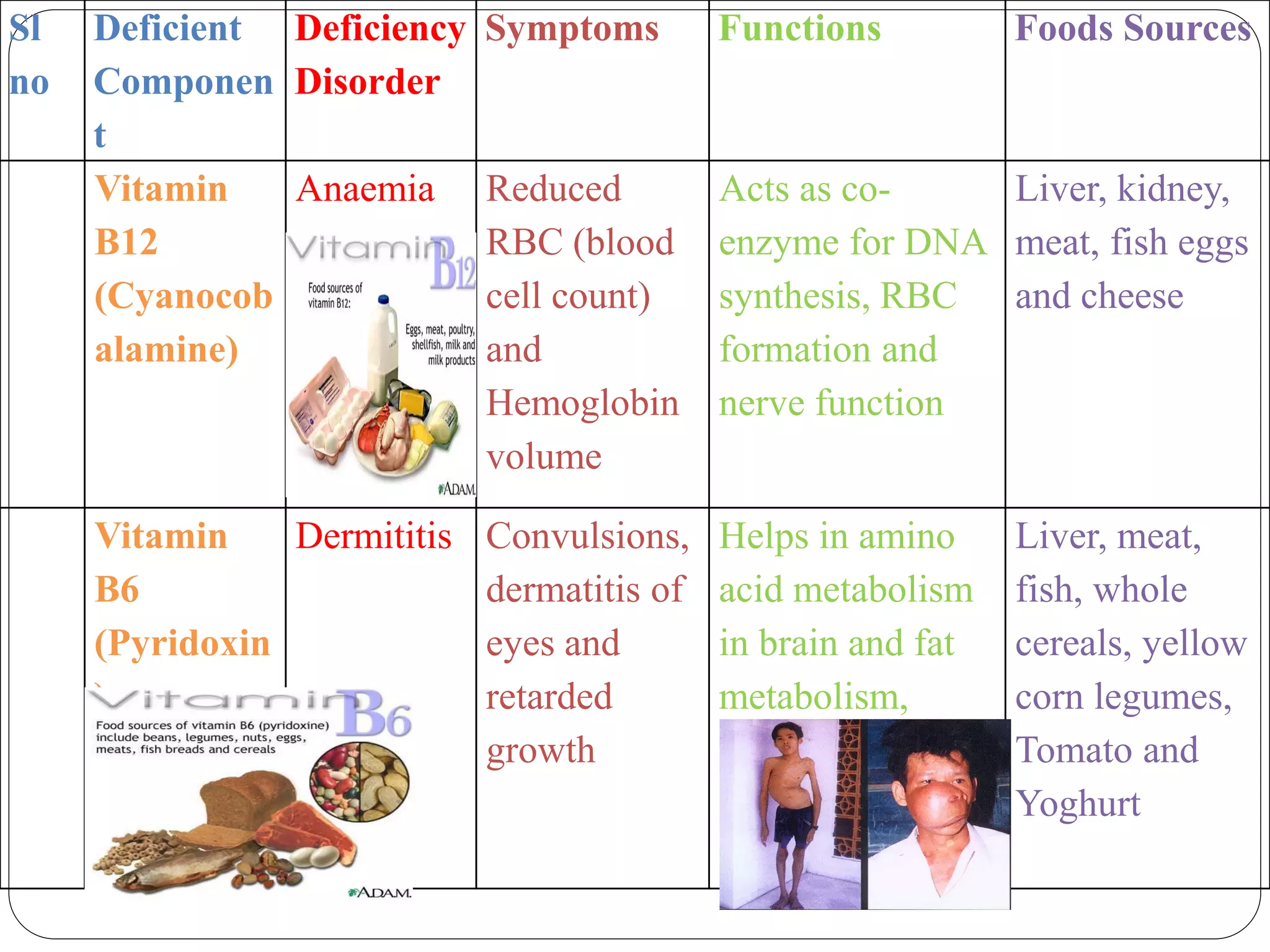 Sl
no
Deficient
Componen
t
Deficiency
Disorder
Symptoms Functions Foods Sources
Vitamin
B12
(Cyanocob
alamine)
Anaemia Reduced
RBC (blood
cell count)
and
Hemoglobin
volume
Acts as co-
enzyme for DNA
synthesis, RBC
formation and
nerve function
Liver, kidney,
meat, fish eggs
and cheese
Vitamin
B6
(Pyridoxin
)
Dermititis Convulsions,
dermatitis of
eyes and
retarded
growth
Helps in amino
acid metabolism
in brain and fat
metabolism,
Liver, meat,
fish, whole
cereals, yellow
corn legumes,
Tomato and
Yoghurt
 