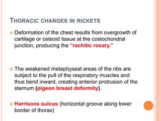THORACIC CHANGES IN RICKETS
 Deformation of the chest results from overgrowth of
cartilage or osteoid tissue at the costochondral
junction, producing the “rachitic rosary.”
 The weakened metaphyseal areas of the ribs are
subject to the pull of the respiratory muscles and
thus bend inward, creating anterior protrusion of the
sternum (pigeon breast deformity).
 Harrisons sulcus (horizontal groove along lower
border of thorax)
 