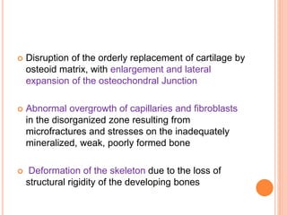  Disruption of the orderly replacement of cartilage by
osteoid matrix, with enlargement and lateral
expansion of the osteochondral Junction
 Abnormal overgrowth of capillaries and fibroblasts
in the disorganized zone resulting from
microfractures and stresses on the inadequately
mineralized, weak, poorly formed bone
 Deformation of the skeleton due to the loss of
structural rigidity of the developing bones
 