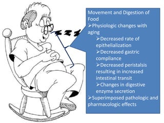 Movement and Digestion of 
Food 
Physiologic changes with 
aging 
Decreased rate of 
epithelialization 
Decreased gastric 
compliance 
Decreased peristalsis 
resulting in increased 
intestinal transit 
Changes in digestive 
enzyme secretion 
Superimposed pathologic and 
pharmacologic effects 
 