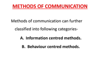 METHODS OF COMMUNICATION
Methods of communication can further
classified into following categories-
A. Information centred methods.
B. Behaviour centred methods.
 