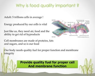 Why is food quality important ?
Adult: 5 trillions cells in average !
Energy produced by our cells is vital

Just like us, they need air, food and the
ability to get rid of byproducts
Cell membranes are made of proteins, fats
and sugars, and so is our food
Our body needs quality fuel for proper function and membrane
integrity

Provide quality fuel for proper cell
And membrane function

 