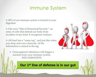 Immune System
 80% of our immune system is located in your
digestion
 Our own “Dpt of Homeland Security”: an
army of cells that defend our body from
invaders of any kind. It recognizes surfaces

 All food has a “name tag”, and just like when
you shop and scan a barcode, all the
information is stored in the tag
 Unrecognized substances will trigger a
reaction from your immune system:
INFLAMMATION

Our 1st line of defense is in our gut

 