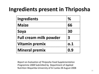 Ingredients present in Thriposha
   Ingredients                                    %
   Maize                                          66
   Soya                                           30
   Full cream milk powder                         3
   Vitamin premix                                 o.1
   Mineral premix                                 0.9

   Report on Evaluation of Thriposha Food Supplementation
   Programme 2008 Submitted by Department of Applied
   Nutrition Wayamba University of Sri Lanka 28 August 2008
                                                              19
 