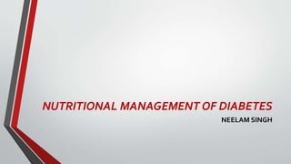 NUTRITIONAL MANAGEMENT OF DIABETES
NEELAM SINGH
 