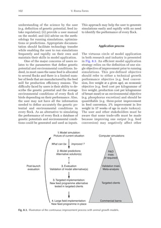 102 V. Rivera-Torres
understanding of the science by the user
(e.g. definition of genetic potential, feed in-
take regulation); (ii) provide a user manual
on the model; and (iii) advise on the meth-
odology for running simulations, optimiza-
tions or predictions. Appropriate documen-
tation should facilitate technology transfer
while enabling the user to run simulations
frequently and rapidly on their own and
maintain their skills in model application.
One of the major concerns of users re-
lates to the parameters that define genetic
­
potential and environmental conditions. In-
deed, in most cases the same feed is allocated
to several flocks and there is a limited num-
ber of feeds that are manufactured by the feed
mill for production efficiency reasons. The
difficulty faced by users is their ability to de-
scribe the genetic potential and the average
environmental conditions of every flock of
birds depending on their performance. Also,
the user may not have all the information
needed to define accurately the genetic po-
tential and environmental conditions in
every flock. As an alternative to simulating
the performance of every flock a database of
genetic potentials and environmental condi-
tions could be generated and used as inputs.
This approach may help the user to generate
simulations easily and rapidly with no need
to identify the performance of every flock.
Application process
The virtuous circle of model application
in both research and industry is presented
in Fig. 8.3. An efficient model application
strategy relies on the definition of one sin-
gle objective of improvement prior to running
simulations. This pre-defined objective
should refer to either a technical growth
performance objective (e.g. feed conver-
sion, live weight at a given age), an economic
objective (e.g. feed cost per kilogramme of
live weight, production cost per kilogramme
of breast meat) or an environmental objective
(e.g. phosphorus excretion) and should be
quantifiable (e.g. three-point improvement
in feed conversion, 2% improvement in live
weight in 17 weeks of age in male turkeys).
The user and other stakeholders must be
aware that some trade-offs must be made
because improving one output (e.g. feed
conversion) may negatively affect other
1. Model simulation:
Picture of current situation
What can be improved ?
2. Model predictions
Alternative solution(s)
Post-launch
evaluation
3. Evaluation
Validation of model alternative(s)
3. Targeted implementation:
New feed programme alternative
tested in targeted clients
4. Large field implementation:
New feed programme in place
Commercial barns
Targeted clients
Validation trials
Meta-analysis
RD
trials
(if required)
Computer simulations
Fig. 8.3. Illustration of the continuous improvement process with animal growth models.
 