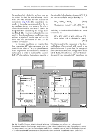 Influence of Nutritional and Environmental Factors on Broiler Performance 111
Two submodels of similar architecture are
included: the first for the reference condi-
tions and the second for the simulation
conditions (Fig. 9.3). The simulation sub-
model is the only one connected to the re-
sponse laws, taking into account the effects
of environmental or nutritional factors on
the parameters controlling the energy flows
in INAVI. The reference submodel is only
used to describe reference conditions, con-
sidered as ‘optimal’ by the user, and to cali-
brate the two parameters IM and AF de-
scribed previously.
In reference conditions, we consider that
heat production (HP) is the expression of an op-
timal thermal balance. The principle of homeo-
stasis implies that the animal will modify its
metabolism in order to maintain this balance.
In INAVI, the optimal thermolysis capacity of
the animal is defined as the reference HP (HPref
)
per unit of metabolic weight (kcal/kg0.75
):
HPref
= MEIref
– NEDref
(9.10)
Thermolysis capacity = HPref
/BWref
  0.75
	
			 (9.11)
Similarly in the simulation submodel, HP is
calculated as:
HP = MEI – NED, if MEI  MEm + EPA
HP = MEm + EPA, if MEI ≤ (MEm + EPA)	
(9.12)
The thermostat is the expression of the ther-
mal balance of the animal with regard to an
optimal situation. It quantifies ‘the energy ex-
cess’tobeeliminatedorthe‘energydeficit’ to be
filled, that is, the difference between thermoly-
sis capacity and simulated HP, calculated as
MEI ref
MEI ref
Corrected MEI
Medc ref MEdc
Adjustment
Thermostat
HP
ref
HP
sim
NED ref NED
Body weight
gain ref
Body weight
gain
Total body
weight ref
Total body
weight
Submodel 1: Reference Submodel 2: Simulation
Reference
performances
= Calibration of common
parameters between models
1 and 2 : Maintenance and
Physical activity
Reference input
Reference conditions
(feed/environment)
Scenario to be
simulated
New conditions
(feed/environment)
Submodels
Response laws between
input (feed/environment)
and SubModel 2
Reference
feed intake
Output : Simulated
performances
= Feed intake, Body weight
gain, Total body weight,
Feed conversion
Mem ref
EPA ref
Ed ref
Ved ref
Mem
EPA
Ed
Ved
Fig. 9.3. Simplified diagram of INAVI dynamic behaviour. INAVI includes two submodels (1 reference and
2 simulation) allowing the adjustment of performances to the reference taking into account the simulation scenario
(set of parameters), which acts on the simulation model thanks to specific response laws.The feed intake adjustment
of the reference submodel uses a retroactive thermostat loop that corrects the metabolizable energy intake (MEI).
 