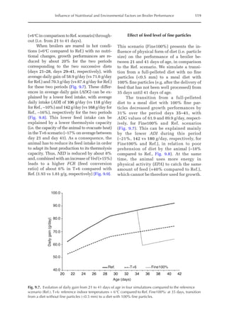 Influence of Nutritional and Environmental Factors on Broiler Performance 119
(+6°C in comparison to Ref. scenario) through-
out (i.e. from 21 to 41 days).
When broilers are reared in hot condi-
tions (+6°C compared to Ref.) with no nutri-
tional changes, growth performances are re-
duced by about 20% for the two periods
corresponding to the two successive diets
(days 21–28, days 29–41, respectively), with
average daily gain of 58.9 g/day (vs 71.6 g/day
for Ref.) and 70.3 g/day (vs 87.4 g/day for Ref.)
for these two periods (Fig. 9.7). These differ-
ences in average daily gain (ADG) can be ex-
plained by a lower feed intake, with average
daily intake (ADI) of 106 g/day (vs 118 g/day
for Ref., –10%) and 142 g/day (vs 168 g/day for
Ref., –16%), respectively for the two periods
(Fig. 9.8). This lower feed intake can be
­
explained by a lower thermolysis capacity
(i.e. the capacity of the animal to evacuate heat)
in the T+6 scenario (–17% on average between
day 21 and day 41). As a consequence, the
animal has to reduce its feed intake in order
to adapt its heat production to its thermolysis
capacity. Thus, NED is reduced by about 8%
and, combined with an increase of Ved (+15%)
leads to a higher FCR (feed conversion
ratio) of about 6% in T+6 compared with
Ref. (1.93 vs 1.81 g/g, respectively) (Fig. 9.9).
Effect of feed level of fine particles
This scenario (Fine100%) presents the in-
fluence of physical form of diet (i.e. particle
size) on the performance of a broiler be-
tween 21 and 41 days of age, in comparison
to the Ref. scenario. We simulate a transi-
tion from a full-pelleted diet with no fine
particles (0.5 mm) to a meal diet with
100% fine particles (e.g. after the delivery of
feed that has not been well processed) from
35 days until 41 days of age.
The transition from a full-pelleted
diet to a meal diet with 100% fine par-
ticles decreased growth performances by
31% over the period days 35–41, with
ADG values of 61.9 and 89.9 g/day, respect-
ively, for Fine100% and Ref. scenarios
(Fig. 9.7). This can be explained mainly
by the lower ADI during this period
(–21%, 142 vs 180 g/day, respectively, for
Fine100% and Ref.), in relation to poor
prehension of diet by the animal (–18%
compared to Ref., Fig. 9.8). At the same
time, the animal uses more energy in
physical activity (EPA) to catch the same
amount of feed (+40% compared to Ref.),
which cannot be therefore used for growth.
100.0
90.0
80.0
70.0
Daily
gain
(g/day)
60.0
50.0
40.0
20 22 24 26 28 30 32
Age (days)
Ref. T+6 Fine100%
34 36 38 40 42
Fig. 9.7. Evolution of daily gain from 21 to 41 days of age in four simulations compared to the reference
scenario (Ref.). T+6: reference indoor temperatures + 6°C compared to Ref. Fine100%: at 35 days, transition
from a diet without fine particles (0.5 mm) to a diet with 100% fine particles.
 