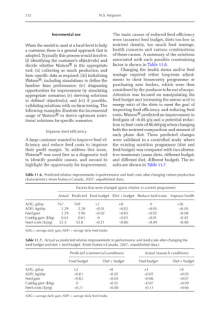 152 N.S. Ferguson
Incremental use
When the model is used at a local level to help
a customer, there is a general approach that is
adopted. Typically this process would involve:
(i) identifying the customer’s objective(s) and
decide whether Watson® is the appropriate
tool; (ii) collecting as much production and
farm specific data as required; (iii) initializing
Watson®, including simulations to define the
baseline farm performance; (iv) diagnosing
­
opportunities for improvement by simulating
appropriate scenarios; (v) deriving solutions
to defined objective(s); and (vi) if possible,
validating solutions with on-farm testing. The
following examples illustrate the incremental
usage of Watson® to derive optimum nutri-
tional solutions for specific scenarios.
Improve feed efficiency
A large customer wanted to improve feed ef-
ficiency and reduce feed costs to improve
their profit margin. To address this issue,
Watson® was used first as a diagnostic tool
to identify possible causes, and second to
highlight the opportunity for improvement.
The main causes of reduced feed efficiency
were incorrect feed budget, diets too low in
nutrient density, too much feed wastage,
health concerns and various combinations
of these causes. A summary of the solutions
associated with each possible constraining
factor is shown in Table 11.6.
Changing the health status and/or feed
wastage required either long-term adjust-
ments to their biosecurity programme or
purchasing new feeders, which were then
considered by the producer to be out of scope.
Attention was focused on manipulating the
feed budget and increasing the amino acid to
energy ratio of the diets to meet the goal of
improving feed efficiency and reducing feed
costs. Watson® predicted an improvement in
feed:gain of –0.05 g/g and a potential reduc-
tion in feed costs of $0.80/pig when changing
both the nutrient composition and amount of
each phase diet. These predicted changes
were validated in a controlled study where
the existing nutrition programme (diet and
feed budget) was compared with two alterna-
tive treatments (same diets, different budget,
and different diet, different budget). The re-
sults are shown in Table 11.7.
Table 11.6. Predicted relative improvements in performance and feed costs after changing certain ­
production
characteristics (from Nutreco Canada, 2007, unpublished data).
Factors that were changed (gains relative to current programme)
Actual Predicted Feed budget Diet + budget Reduce feed waste Improve health
ADG, g/day 767 769 +2 +8 0 +50
ADFI, kg/day 2.29 2.28 –0.01 –0.02 –0.03 +0.05
Feed:gain 2.29 2.96 –0.02 –0.05 –0.02 –0.08
Cost/kg gain ($/kg) 0.61 0.61 0 –0.01 –0.01 –0.02
Feed costs ($/pig) 52.5 52.8 –0.21 –0.80 –0.49 –0.80
ADG = average daily gain; ADFI = average daily feed intake.
Table 11.7. Actual vs predicted relative improvements to performance and feed costs after changing the
feed budget and diet + feed budget. (From Nutreco Canada, 2007, unpublished data.)
Predicted (commercial conditions) Actual (research conditions)
Feed budget Diet + budget Feed budget Diet + budget
ADG, g/day +2 +8 +1 +8
ADFI, kg/day –0.01 –0.02 –0.05 –0.05
Feed:gain –0.02 –0.05 –0.06 –0.07
Cost/kg gain ($/kg) 0 –0.01 –0.07 –0.09
Feed costs ($/pig) –0.21 –0.80 –0.51 –0.66
ADG = average daily gain; ADFI = average daily feed intake.
 