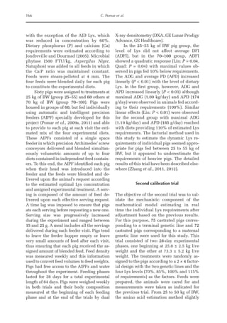 166 C. Pomar et al.
with the exception of the AID Lys, which
was reduced in concentration by 60%.
Dietary phosphorus (P) and calcium (Ca)
requirements were estimated according to
Jondreville and Dourmad (2005). Microbial
phytase (500 FTU/kg, Aspergilus Niger,
Natuphos) was added to all feeds in which
the Ca:P ratio was maintained constant.
Feeds were steam-pelleted at 4 mm. The
four feeds were blended daily for each pig
to constitute the experimental diets.
Sixty pigs were assigned to treatments at
25 kg of BW (group 25–55) and 60 others at
70 kg of BW (group 70–100). Pigs were
housed in groups of 60, but fed individually
using automatic and intelligent precision
feeders (AIPF) specially developed for this
project (Pomar et al., 2009a, 2011) and able
to provide to each pig at each visit the esti-
mated mix of the four experimental diets.
These AIPFs consisted of a single space
feeder in which precision Archimedes’ screw
conveyors delivered and blended simultan-
eously volumetric amounts of up to four
diets contained in independent feed contain-
ers. To this end, the AIPF identified each pig
when their head was introduced into the
feeder and the feeds were blended and de-
livered upon the animal’s request according
to the estimated optimal Lys concentration
and assigned experimental treatment. A serv-
ing is composed of the amount of feed de-
livered upon each effective serving request.
A time lag was imposed to ensure that pigs
ate each serving before requesting a new one.
Serving size was progressively increased
during the experiment and ranged between
15 and 25 g. A meal includes all the servings
delivered during each feeder visit. Pigs tend
to leave the feeder hopper empty or leave
very small amounts of feed after each visit,
thus ensuring that each pig received the as-
signed amount of blended feed. Feed density
was measured weekly and this information
used to convert feed volumes to feed weights.
Pigs had free access to the AIPFs and water
throughout the experiment. Feeding phases
lasted for 28 days for a total experimental
length of 84 days. Pigs were weighed weekly
in both trials and their body composition
measured at the beginning of each feeding
phase and at the end of the trials by dual
X-ray densitometry (DXA, GE Lunar Prodigy
Advance, GE Healthcare).
In the 25–55 kg of BW pig group, the
level of Lys did not affect average DFI
(ADFI), but in the 70–100 group, ADFI
showed a quadratic response (Lin: P = 0.04,
Quad: P = 0.04) with maximal values ob-
served in pigs fed 10% below requirements.
The ADG and average PD (APD) increased
linearly (P  0.01) with the level of dietary
Lys. In the first group, however, ADG and
APD increased linearly (P  0.01) although
maximal ADG (1.00 kg/day) and APD (174
g/day) were observed in animals fed accord-
ing to their requirements (100%). Similar
linear effects (Lin: P  0.01) were observed
for the second group with maximal ADG
(1.19 kg/day) and APD (185 g/day) reached
with diets providing 110% of estimated Lys
requirements. The factorial method used in
this study to estimate the dynamic Lys re-
quirements of individual pigs seemed appro-
priate for pigs fed between 25 to 55 kg of
BW, but it appeared to underestimate the
requirements of heavier pigs. The detailed
results of this trial have been described else-
where (Zhang et al., 2011, 2012).
Second calibration trial
The objective of the second trial was to val-
idate the mechanistic component of the
mathematical model estimating in real
time the individual Lys requirements after
adjustment based on the previous results.
For this purpose, 75 castrated pigs corres-
ponding to a terminal genetic line and 72
castrated pigs corresponding to a maternal
genetic line were used for this study. This
trial consisted of two 28-day experimental
phases, one ­
beginning at 25.8 ± 2.5 kg live
weight and the other at 73.3 ± 5.2 kg live
weight. The treatments were randomly as-
signed to the pigs according to a 2 × 4 factor-
ial design with the two genetic lines and the
four Lys levels (70%, 85%, 100% and 115%
of requirements) as the factors. Feeds were
prepared, the animals were cared for and
measurements were taken as indicated for
the previous trial. From 25 to 50 kg of BW,
the amino acid estimation method slightly
 