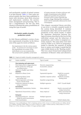 6 C. Fisher
and mechanistic models of animal systems
is at best blurred. Table 1.1 lists some em-
pirical models that have been published to
assist with decisions about flock structure
and replacement, nutrition, the environ-
ment, management and processing. This is
not a comprehensive list but has been
chosen to illustrate the many possibilities of
using this type of model.
Mechanistic models of poultry
production systems
In 1941 Heuser published a review of pro-
tein requirements of poultry. In the discus-
sion of the paper he wrote as follows:
the requirement is for the various amino
acids... In practice it is necessary to meet
the requirements of as many of the
individuals as we can economically...
The actual need is probably on the basis
of certain amounts of amino acids per unit
weight of maintenance plus definite
additional quantities for productive
increases such as units of growth and
quantity of eggs. Meeting these minimum
needs will be materially influenced by food
consumption.
This elegant conceptual theory provides,
at one level, a virtually complete model of
the system being described. It contains
mechanistic ideas that can be tested inde-
pendently of the whole model, it makes
the important distinction between bio-
logical systems described at the level of the
individual animal and the behaviour of
populations, and it refers to marginal eco-
nomic analysis. The same ideas were later
used by Fisher et al. (1973) in proposing a
model to describe the response of laying
hens to amino acid intake; a model that be-
came widely known as the ‘Reading model’.
This was a more formal (and independent)
statement of Heuser’s ideas and allowed a
Table 1.1. Empirical models of poultry management systems.
Refa
System modelled Type of model Notes
Flock planning and replacement
1 Flock replacement in egg production Dynamic programming
2 Broiler production; killing age
according to price
Econometric analysis
3 Optimum slaughter age turkeys Polynomials
Nutrition
4a,b Response to dietary lysine Exponential equation Model for economic
feeding levels
5 Optimizing dietary lysine
and energy level
Quadratic response surface Model for economic
feeding levels
6 Optimizing protein and energy
levels in broiler feeds
Quadratic programming
7 Production responses to dietary
energy and protein
Multiple regression IGM™ Growth Model
Environment
8 Operational characteristics; broilers Many empirical Mainly concerned with
energy transactions
9 Operational characteristics; turkeys Many empirical Mainly concerned with
energy transactions
Enterprise
10 Integrated production – decision
model for profit maximisation
Multiple regression
11 Profit maximisation Multiple regression Turkish industry data
a
References: 1 Low and Brookhouse (1967); 2 Hochman and Lee (1972); 3 Case et al. (2010); 4a Eits et al. (2005a); 4b Eits
et al. (2005b); 5 De Beer (2009); Talpaz et al. (2013); 6 Pesti et al. (1986); 7 Harlow and Ivey (1994); 8 Teter et al. (1973);
9 Teter et al. (1976); 10 Costa et al. (2002); 11 Cevger and Yalçin (2003).
 