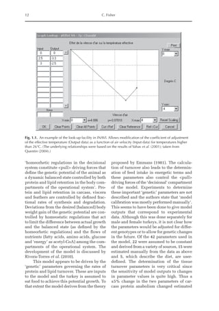 12 C. Fisher
‘homeorhetic regulations in the decisional
system constitute pull driving forces that
define the genetic potential of the animal as
a dynamic balanced state controlled by both
protein and lipid retention in the body com-
partments of the operational system’. Pro-
tein and lipid retention in carcass, viscera
and feathers are controlled by defined frac-
tional rates of synthesis and degradation.
Deviations from the desired (balanced) body
weight gain of the genetic potential are con-
trolled by homeostatic regulations that act
to limit the difference between actual growth
and the balanced state (as defined by the
homeorhetic regulations) and the flows of
nutrients (fatty acids, amino acids, glucose
and ‘energy’ as acetyl-CoA) among the com-
partments of the operational system. The
development of the model is discussed by
Rivera-Torres et al. (2010).
This model appears to be driven by the
‘genetic’ parameters governing the rates of
protein and lipid turnover. These are inputs
to the model and the turkey is assumed to
eat food to achieve this potential growth. To
that extent the model derives from the theory
proposed by Emmans (1981). The calcula-
tion of turnover also leads to the determin-
ation of feed intake in energetic terms and
these parameters also control the pull
driving forces of the ‘decisional’ compartment
of the model. Experiments to determine
these important ‘genetic’ parameters are not
described and the authors state that ‘model
calibration was mostly performed manually’.
This seems to have been done to give model
outputs that correspond to experimental
data. Although this was done separately for
male and female turkeys, it is not clear how
the parameters would be adjusted for differ-
ent genotypes or to allow for genetic changes
in the future. Of the 42 parameters used in
the model, 22 were assumed to be constant
and derived from a variety of sources, 15 were
estimated manually from the data as above
and 5, which describe the diet, are user-­
defined. The determination of the tissue
turnover parameters is very critical since
the sensitivity of model outputs to changes
in parameter values is quite high. Thus a
±5% change in the two parameters of car-
cass protein anabolism changed estimated
Fig. 1.1. An example of the look-up facility in INAVI. Allows modification of the coefficient of adjustment
of the effective temperature (Output data) as a function of air velocity (Input data) for temperatures higher
than 26°C. (The underlying relationships were based on the results of Yahav et al. (2001); taken from
Quentin (2004).)
 