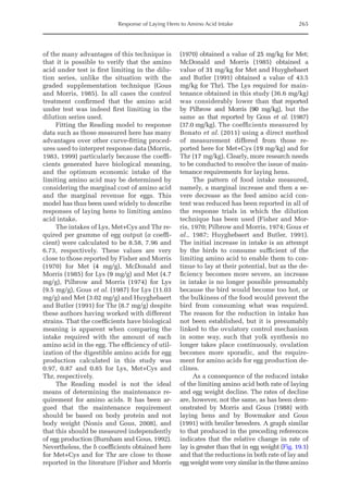 Response of Laying Hens to Amino Acid Intake 265
of the many advantages of this technique is
that it is possible to verify that the amino
acid under test is first limiting in the dilu-
tion series, unlike the situation with the
graded supplementation technique (Gous
and Morris, 1985). In all cases the control
treatment confirmed that the amino acid
under test was indeed first limiting in the
dilution series used.
Fitting the Reading model to response
data such as those measured here has many
advantages over other curve-fitting proced-
ures used to interpret response data (Morris,
1983, 1999) particularly because the coeffi-
cients generated have biological meaning,
and the optimum economic intake of the
limiting amino acid may be determined by
considering the marginal cost of amino acid
and the marginal revenue for eggs. This
model has thus been used widely to describe
responses of laying hens to limiting amino
acid intake.
The intakes of Lys, Met+Cys and Thr re-
quired per gramme of egg output (a coeffi-
cient) were calculated to be 8.58, 7.96 and
6.73, respectively. These values are very
close to those reported by Fisher and Morris
(1970) for Met (4 mg/g), McDonald and
Morris (1985) for Lys (9 mg/g) and Met (4.7
mg/g), Pilbrow and Morris (1974) for Lys
(9.5 mg/g), Gous et al. (1987) for Lys (11.03
mg/g) and Met (3.02 mg/g) and Huyghebaert
and Butler (1991) for Thr (8.7 mg/g) despite
these authors having worked with different
strains. That the coefficients have biological
meaning is apparent when comparing the
intake required with the amount of each
amino acid in the egg. The efficiency of util-
ization of the digestible amino acids for egg
production calculated in this study was
0.97, 0.87 and 0.85 for Lys, Met+Cys and
Thr, respectively.
The Reading model is not the ideal
means of determining the maintenance re-
quirement for amino acids. It has been ar-
gued that the maintenance requirement
should be based on body protein and not
body weight (Nonis and Gous, 2008), and
that this should be measured independently
of egg production (Burnham and Gous, 1992).
Nevertheless, the b coefficients obtained here
for Met+Cys and for Thr are close to those
reported in the literature (Fisher and Morris
(1970) obtained a value of 25 mg/kg for Met;
McDonald and Morris (1985) obtained a
value of 31 mg/kg for Met and Huyghebaert
and Butler (1991) obtained a value of 43.5
mg/kg for Thr). The Lys required for main-
tenance obtained in this study (36.6 mg/kg)
was considerably lower than that reported
by Pilbrow and Morris (90 mg/kg), but the
same as that reported by Gous et al. (1987)
(37.0 mg/kg). The coefficients measured by
Bonato et al. (2011) using a direct method
of measurement differed from those re-
ported here for Met+Cys (19 mg/kg) and for
Thr (17 mg/kg). Clearly, more research needs
to be conducted to resolve the issue of main-
tenance requirements for laying hens.
The pattern of food intake measured,
namely, a marginal increase and then a se-
vere decrease as the feed amino acid con-
tent was reduced has been reported in all of
the response trials in which the dilution
technique has been used (Fisher and Mor-
ris, 1970; Pilbrow and Morris, 1974; Gous et
al., 1987; Huyghebaert and Butler, 1991).
The initial increase in intake is an attempt
by the birds to consume sufficient of the
limiting amino acid to enable them to con-
tinue to lay at their potential, but as the de-
ficiency becomes more severe, an increase
in intake is no longer possible presumably
because the bird would become too hot, or
the bulkiness of the food would prevent the
bird from consuming what was required.
The reason for the reduction in intake has
not been established, but it is presumably
linked to the ovulatory control mechanism
in some way, such that yolk synthesis no
longer takes place continuously, ovulation
becomes more sporadic, and the require-
ment for amino acids for egg production de-
clines.
As a consequence of the reduced intake
of the limiting amino acid both rate of laying
and egg weight decline. The rates of decline
are, however, not the same, as has been dem-
onstrated by Morris and Gous (1988) with
laying hens and by Bowmaker and Gous
(1991) with broiler breeders. A graph similar
to that produced in the preceding references
indicates that the relative change in rate of
lay is greater than that in egg weight (Fig. 19.1)
and that the reductions in both rate of lay and
egg weight were very similar in the three amino
 