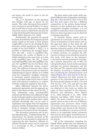 Amino Acid Requirements for Pullets 279
and hence, the result is closer to the ob-
served value.
NRmax
T is dependent on the genotype
and changes with age, as shown by our
­
results. This value decreased from period I
(14 to 28 days) to period III (96 to 112 days)
and would tend to reach zero when growth
of protein ceases in adult birds and only fat
is deposited thereafter (Samadi and Liebert,
2006b, 2007a; Marcato et al., 2010).
Traditionally, the potential for growth
has been described by the Gompertz growth
model, based on the body or body protein
weight (BP) vs time (t). By dividing the first
derivative of this equation by the metabolic
weight of the bird (dBP/dt ÷ BWkg
0.67
) it is
possible to determine the nitrogen depos-
ition rate (BP ÷ 6.25) in mg/BWkg
0.67
/day.
Considering the results of Martin et al.
(1994) obtained on the same basis as in this
study (mg/BWkg
0.67
/day), the NDmax
T values
were 860 mg/BWkg
0.67
/day, 865 mg/BWkg
0.67
/day
and 791 mg/BWkg
0.67
/day for the Hisex, Ross
Brown and Amber-Link strains, respect-
ively. The differences between their values
and those of the present study are related to
methodological aspects. Martin et al. (1994)
used the comparative slaughter technique
to determine protein deposition, and the
dietary nitrogen intake levels were in agree-
ment with practical conditions, in contrast
with the conditions applied in this study.
Other differences between the above-
mentioned approaches and the approach ap-
plied in this study are that values for NDmax
T
were determined using non-destructive
methods and the birds were subjected to high
levels of nitrogen intake to characterize the ni-
trogen use limit of this modern strain, which
provided knowledge that can be used to
understand and explore their full deposition
potential, thereby limiting dietary amino acid
levels to minimize nitrogen excretion and
avoid the use of excessive levels of nutrients.
The theoretical maximum rate of pro-
tein deposition (PDmax
T) obtained from NDmax
T
characterizes the genetic potential of the
strain and it is not possible to attain this by
improving the diet; therefore, different at-
tainable threshold values can be expressed
as a percentage of PDmax
T (Samadi and
Liebert, 2006a).
The three amino acids under study pro-
duced different rates of deposition of nitrogen
(Fig. 20.3, 20.4 and 20.5). This is due to the
fact that each amino acid has a different
composition in the protein being formed.
However, as this method does not use the
comparative slaughter technique, it is not
possible to determine these concentrations.
However, their importance may be observed
in nitrogen deposition.
To estimate dietary amino acid re-
quirements it is necessary to know the effi-
ciency of utilization of each amino acid. In
the approach taken in this study the effi-
ciency is obtained from the relationship
between b (protein quality of the feed) and
c (concentration of the limiting amino acid
in dietary protein). To compare the effi-
ciencies of amino acid utilization found in
this study with those in the literature,
a calculation must be performed. Consider-
ing a protein deposition rate of 60% for
each growth phase, based on the maximum
potential for protein deposition and the
Lys, Met and Thr contents of the body plus
the feathers, according to Emmans (1989)
and considering the estimated amino acid
intake (Tables 20.5, 20.6 and 20.7), the cal-
culated efficiencies for body protein de-
position of the individual amino acids in
the three growth phases are 86%, 73% and
75% for Lys, 75%, 73% and 65% for Met
and 94%, 86% and 78% for Thr. The val-
ues obtained in this study are within the
range of those reported in the literature
(Hurwitz and Bornstein, 1973; Martin
et al., 1994; Edwards et al., 1997, 1999;
Edwards and Baker, 1999; Fatufe et al.,
2004). The great variation among the re-
ported values is due to the use of different
approaches and, moreover, these results
are mostly for broilers because no studies
using pullets were found in the ­
literature.
However, the efficiency of amino acid util-
ization is an important dietary parameter
that must be thoroughly studied because it
represents how the birds use an amino acid
for growth.
All of the information regarding the
Dekalb White pullets that was obtained in
this study using the Goettingen approach
was applied in the LAAI equations to provide
 