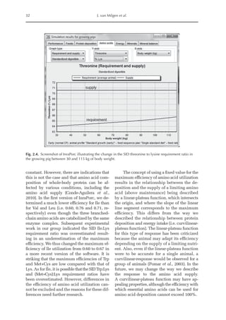 32 J. van Milgen et al.
constant. However, there are indications that
this is not the case and that amino acid com-
position of whole-body protein can be af-
fected by various conditions, including the
amino acid supply (Conde-Aguilera et al.,
2010). In the first ­
version of InraPorc, we de-
termined a much lower efficiency for Ile than
for Val and Leu (i.e. 0.60, 0.76 and 0.71, re-
spectively) even though the three branched-
chain amino acids are catabolized by the same
enzyme complex. Subsequent experimental
work in our group indicated the SID Ile:Lys
requirement ratio was overestimated result-
ing in an underestimation of the maximum
efficiency. We thus changed the maximum ef-
ficiency of Ile utilization from 0.60 to 0.67 in
a more ­
recent version of the software. It is
striking that the maximum efficiencies of Trp
and Met+Cys are low compared with that of
Lys. As for Ile, it is possible that the SID Trp:Lys
and (Met+Cys):Lys requirement ratios have
been overestimated. However, differences in
the efficiency of amino acid utilization can-
not be excluded and the reasons for these dif-
ferences need further research.
The concept of using a fixed value for the
maximum efficiency of amino acid utilization
results in the relationship between the de-
position and the supply of a limiting amino
acid (above maintenance) being described
by a linear-plateau function, which intersects
the origin, and where the slope of the linear
line segment corresponds to the maximum
efficiency. This differs from the way we
­
described the relationship between protein
deposition and energy intake (i.e. curvilinear-
plateau function). The linear-­
plateau function
for this type of response has been criticized
because the animal may adapt its efficiency
depending on the supply of a limiting nutri-
ent. Also, even if the linear-plateau function
were to be accurate for a single animal, a
curvilinear-response would be observed for a
group of animals (Pomar et al., 2003). In the
future, we may change the way we describe
the response to the amino acid supply.
A curvilinear-­
plateau function may have ap-
pealing properties, ­
although the efficiency with
which essential amino acids can be used for
amino acid deposition cannot exceed 100%.
Fig. 2.4. Screenshot of InraPorc illustrating the change in the SID threonine to lysine requirement ratio in
the growing pig between 30 and 115 kg of body weight.
 