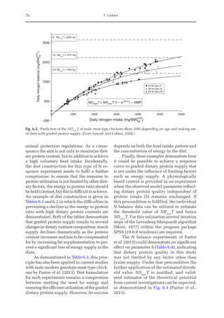 76 F. Liebert
animal protection regulations. As a conse-
quence the aim is not only to maximize diet-
ary protein content, but in addition to achieve
a high voluntary food intake. Incidentally,
the diet construction for this type of N re-
sponse experiment needs to fulfil a further
compromise: to ensure that the response to
protein utilization is not limited by other diet-
ary factors, the energy to protein ratio should
be held constant, but this is difficult to achieve.
An example of diet construction is given in
Tables 6.1 and 6.2 in which the difficulties in
preventing a decline in the energy to protein
ratio with high dietary protein contents are
demonstrated. Both of the tables demonstrate
that graded protein supply results in several
changes in dietary nutrient composition; starch
supply declines dramatically as the protein
content increases and has to be compensated
for by increasing fat supplementation to pre-
vent a significant loss of energy supply in the
diets.
As demonstrated in Table 6.3, this prin-
ciple has also been applied in current studies
with male modern genotype meat type chick-
ens by Pastor et al. (2013). Diet formulation
for such experiments remains a compromise
between meeting the need for energy and
ensuring the efficient utilization of the graded
dietary protein supply. However, its success
depends on both the food intake pattern and
the concentration of energy in the diet.
Finally, these examples demonstrate how
it could be possible to achieve a response
curve to graded dietary protein supply that
is not under the influence of limiting factors
such as energy supply. A physiologically
based control is provided in an experiment
when the observed model parameter reflect-
ing dietary protein quality independent of
protein intake (b) remains unchanged. If
this precondition is fulfilled, the individual
N balance data can be utilized to estimate
the threshold value of NRmax
T and hence
NDmax
T. For this estimation several iteration
steps of the Levenberg-Marquardt algorithm
(Moré, 1977) within the program package
SPSS (19.0.0 windows) are required.
The N balance experiments of Pastor
et al. (2013) could demonstrate no significant
effect on parameter b (Table 6.4), indicating
that dietary protein quality in this study
was not limited by any factor other than
lysine supply. Under that precondition the
further application of the estimated thresh-
old value NDmax
T is justified, and valid-
ated estimates of the theoretical potential
from current investigations can be expected,
as demonstrated in Fig. 6.3 (Pastor et al.,
2013).
Fig. 6.2. Prediction of the NDmax
T of male meat type chickens (Ross 308) depending on age and making use
of diets with graded protein supply. (From Samadi and Liebert, 2008.)
–500
500
1500
2500
3500
0 1000 2000 3000 4000 5000 6000
Daily
nitrogen
balance
(mg/BW
kg
)
NDmaxT = NRmaxT (1 – e–NI·b
) – NMR
10–25 days (I)
30–45 days (II)
50–65 days (III)
(I) NDmax
T = 3660 mg
(II) NDmax
T = 2741 mg
(III) NDmax
T = 1936 mg
Daily nitrogen intake (mg/BWkg )
0.67
0.67
 