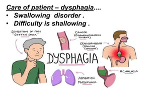 Care of patient – dysphagia....
• Swallowing disorder .
• Difficulty is shallowing .
 