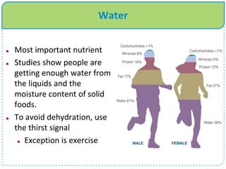 Water
 Most important nutrient
 Studies show people are
getting enough water from
the liquids and the
moisture content of solid
foods.
 To avoid dehydration, use
the thirst signal
 Exception is exercise
 