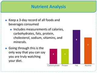Nutrient Analysis
 Keep a 3-day record of all foods and
beverages consumed
 Includes measurements of calories,
carbohydrates, fats, protein,
cholesterol, sodium, vitamins, and
minerals.
 Going through this is the
only way that you can say
you are truly watching
your diet.
 