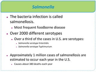 Salmonella
 The bacteria infection is called
salmonellosis.
 Most frequent foodborne disease
 Over 2000 different serotypes
 Over a third of the cases in U.S. are serotypes:
 Salmonella serotype Enteritidis
 Salmonella serotype Typhimurium
 Approximately 1 million cases of salmonellosis are
estimated to occur each year in the U.S.
 Causes about 380 deaths each year
 