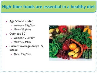 High-fiber foods are essential in a healthy diet
 Age 50 and under
 Women = 25 g/day
 Men = 38 g/day
 Over age 50
 Women = 21 g/day
 Men = 30 g/day
 Current average daily U.S.
intake
 About 15 g/day
 