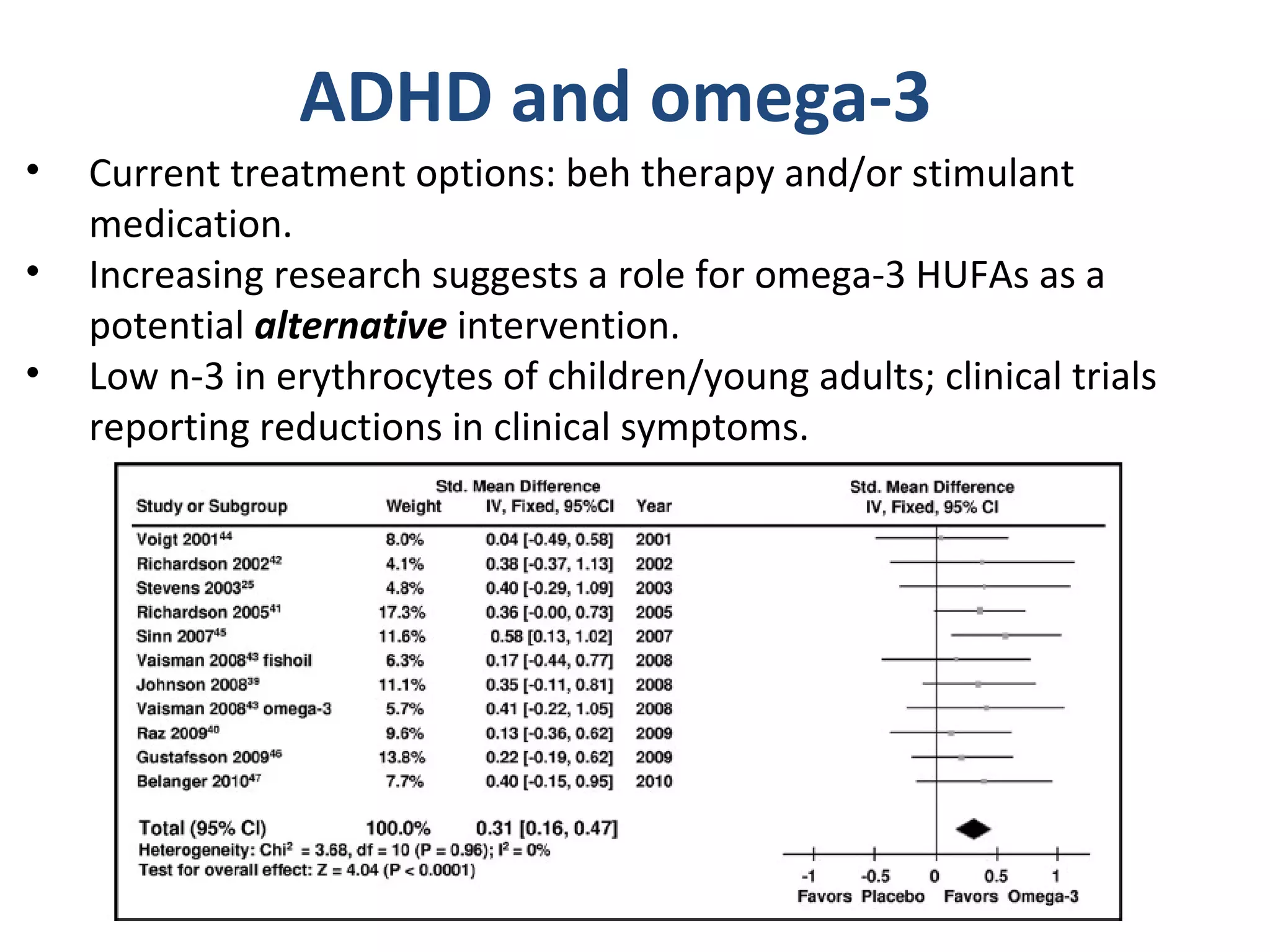 ADHD and omega-3
• Current treatment options: beh therapy and/or stimulant
medication.
• Increasing research suggests a role for omega-3 HUFAs as a
potential alternative intervention.
• Low n-3 in erythrocytes of children/young adults; clinical trials
reporting reductions in clinical symptoms.
 