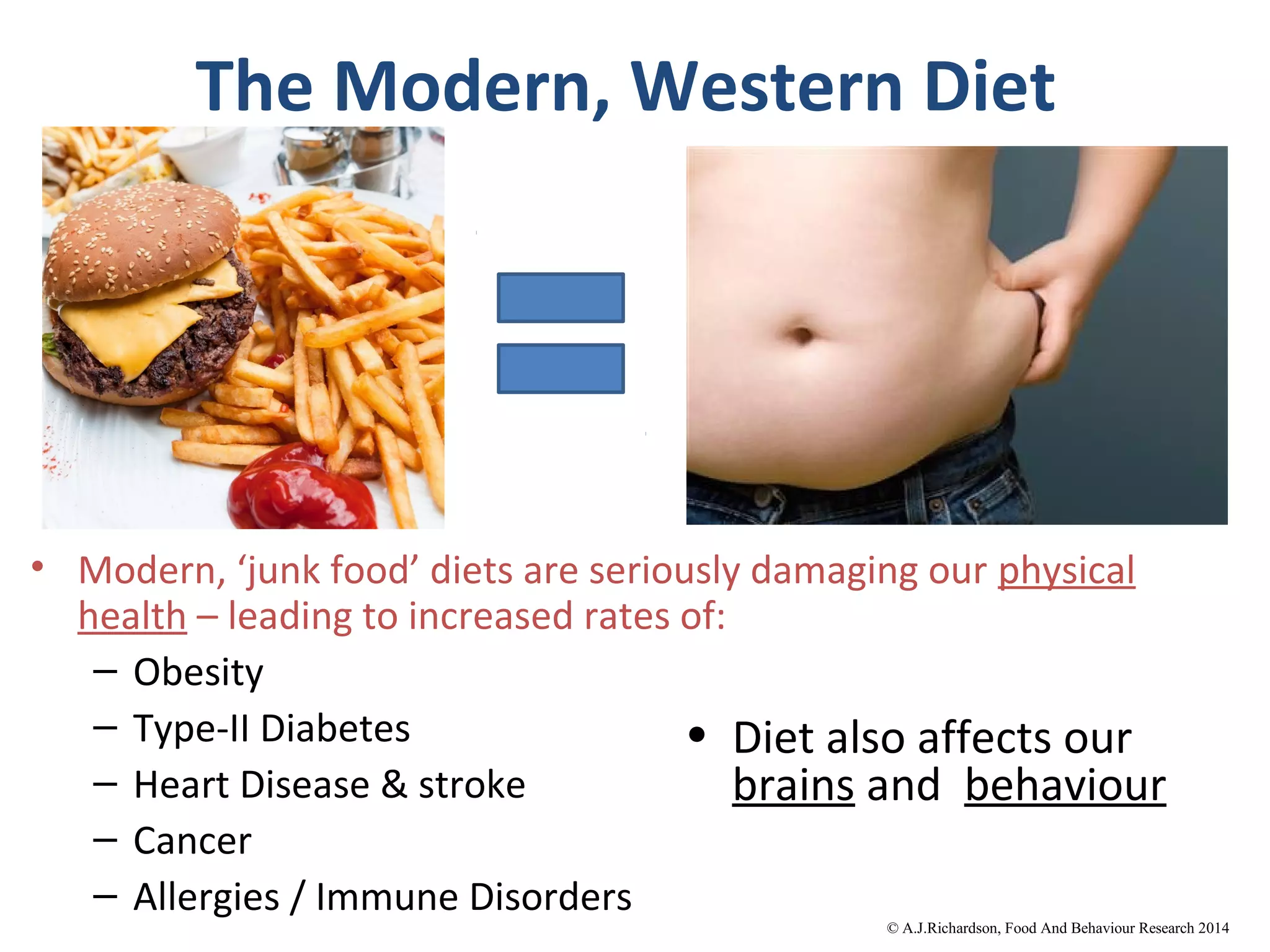 The Modern, Western Diet
• Modern, ‘junk food’ diets are seriously damaging our physical
health – leading to increased rates of:
– Obesity
– Type-II Diabetes
– Heart Disease & stroke
– Cancer
– Allergies / Immune Disorders
• Diet also affects our
brains and behaviour
© A.J.Richardson, Food And
Behaviour Research 2014
 