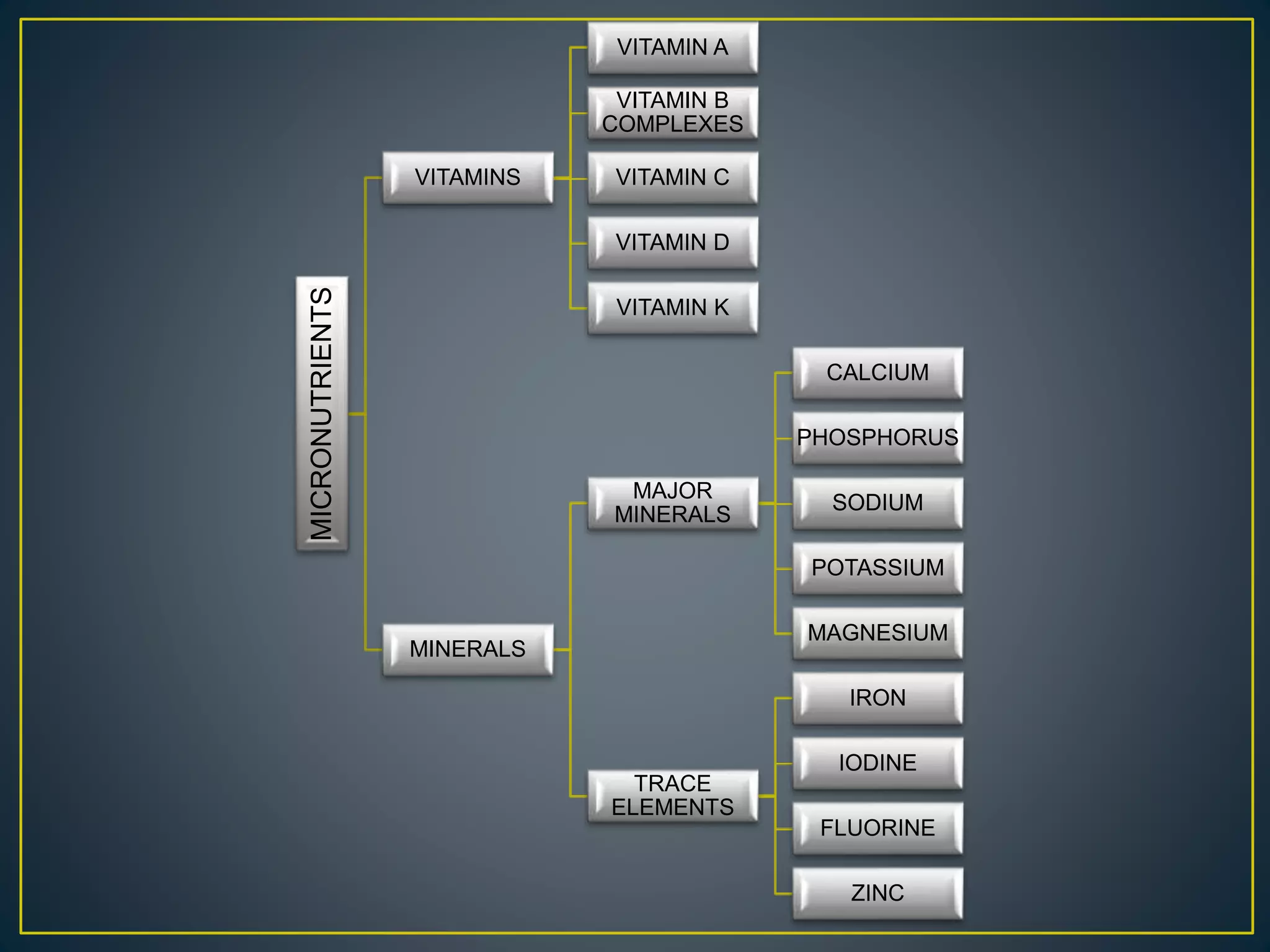 MICRONUTRIENTS
VITAMINS
VITAMIN A
VITAMIN B
COMPLEXES
VITAMIN C
VITAMIN D
VITAMIN K
MINERALS
MAJOR
MINERALS
CALCIUM
PHOSPHORUS
SODIUM
POTASSIUM
MAGNESIUM
TRACE
ELEMENTS
IRON
IODINE
FLUORINE
ZINC
 