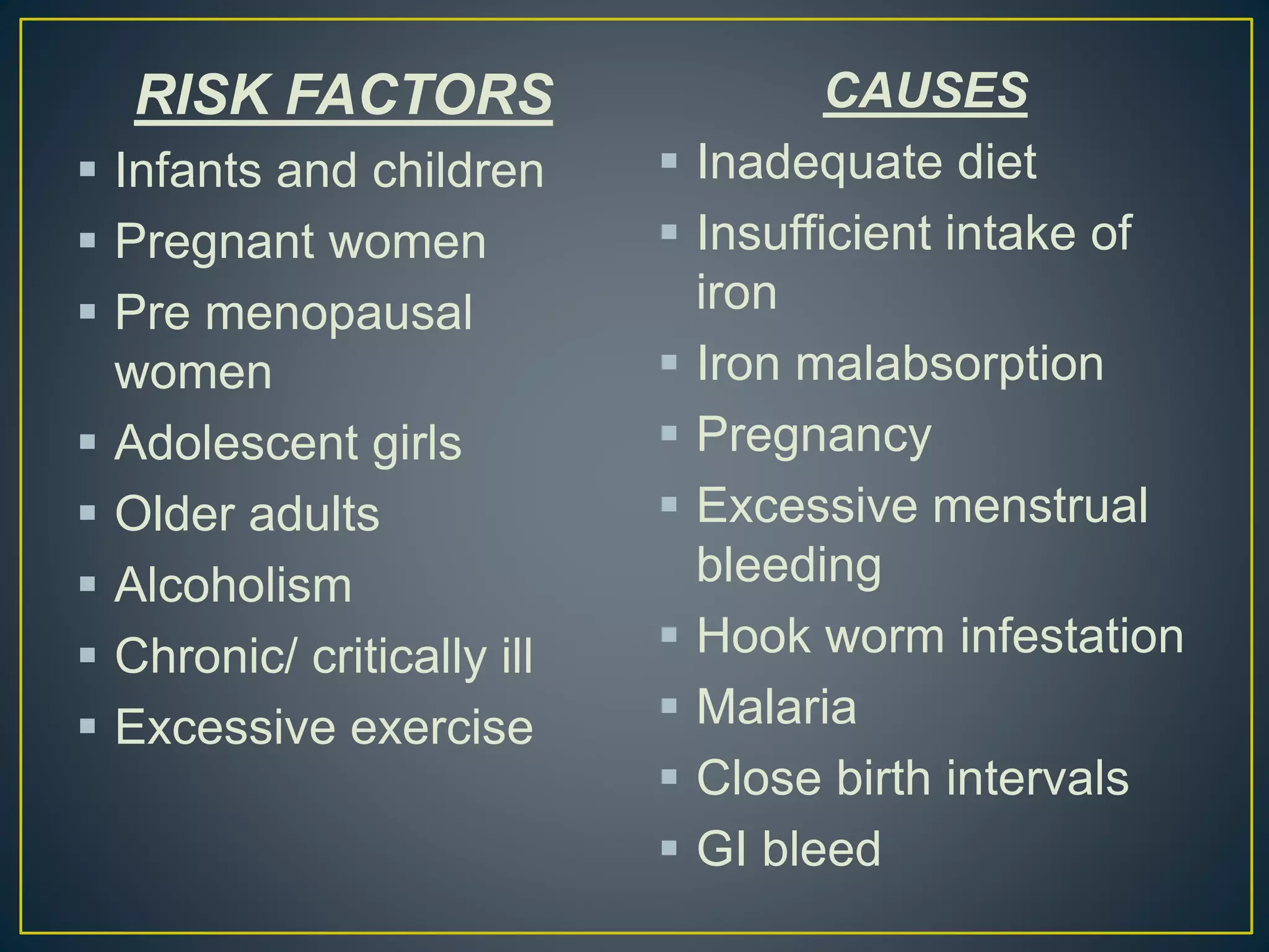 RISK FACTORS
 Infants and children
 Pregnant women
 Pre menopausal
women
 Adolescent girls
 Older adults
 Alcoholism
 Chronic/ critically ill
 Excessive exercise
CAUSES
 Inadequate diet
 Insufficient intake of
iron
 Iron malabsorption
 Pregnancy
 Excessive menstrual
bleeding
 Hook worm infestation
 Malaria
 Close birth intervals
 GI bleed
 