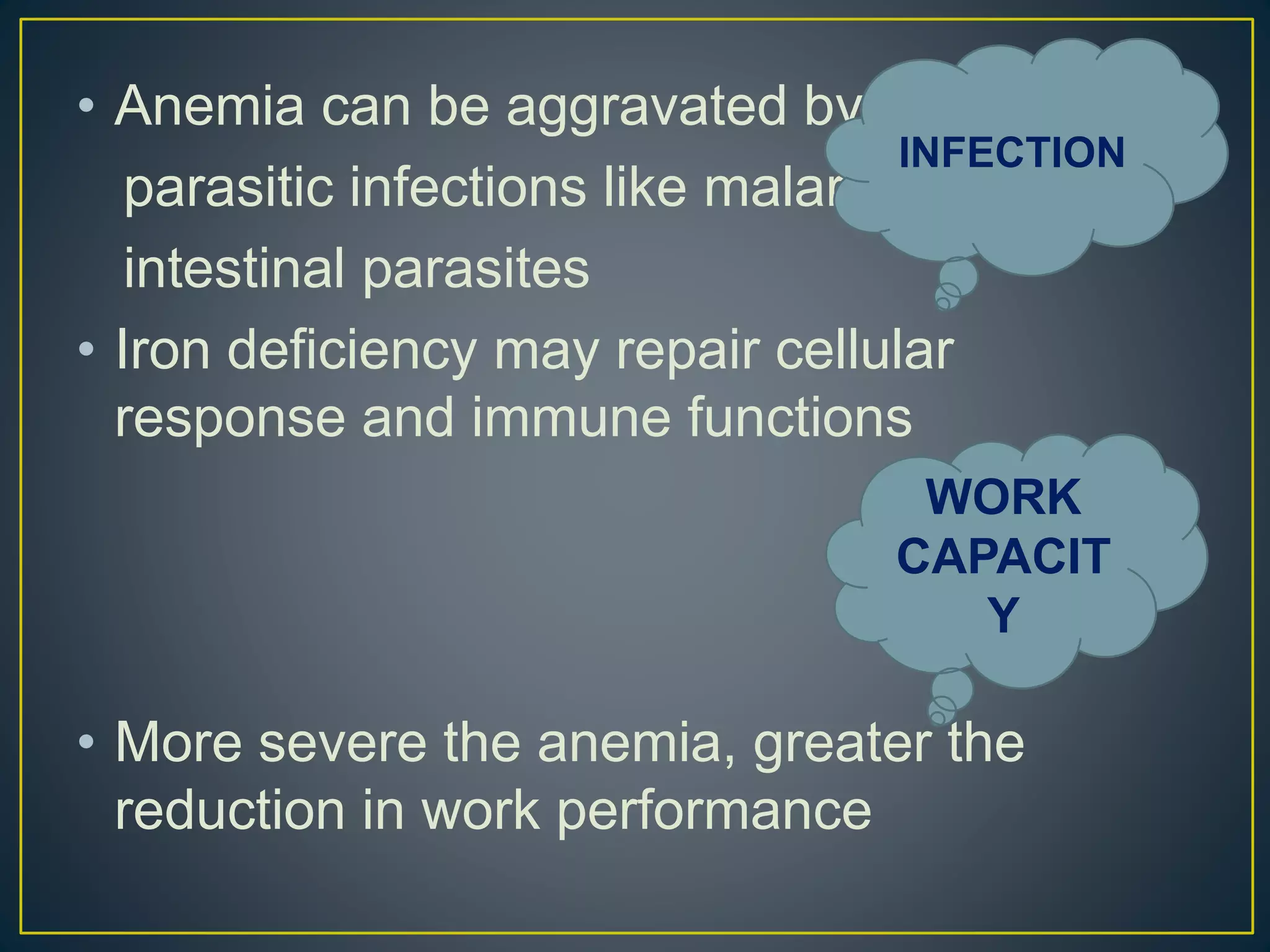 • Anemia can be aggravated by
parasitic infections like malaria,
intestinal parasites
• Iron deficiency may repair cellular
response and immune functions
• More severe the anemia, greater the
reduction in work performance
INFECTION
WORK
CAPACIT
Y
 